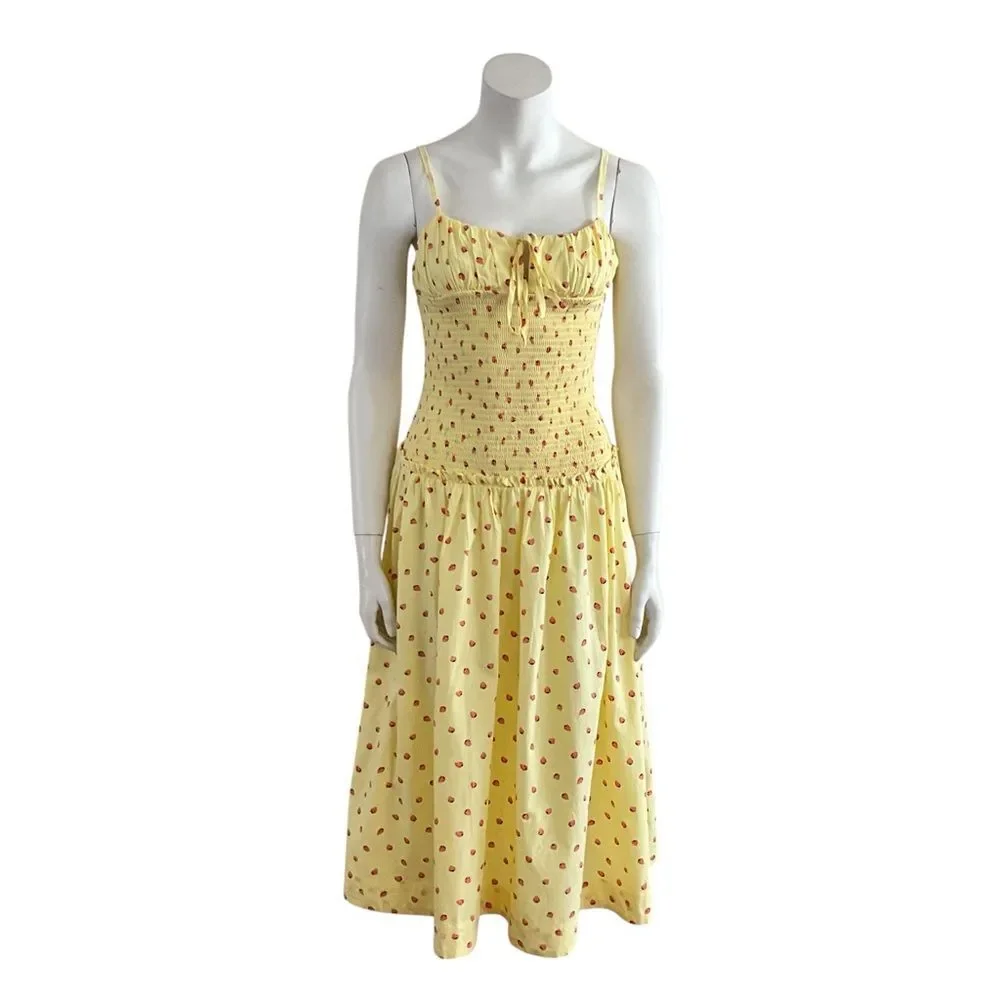 Free People Daze Strawberry Pattern Midi Dress Yellow XS